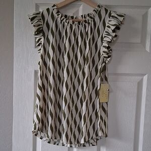 Chic Olive and White Ruffle Sleeve Blouse